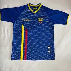 National Ecuador Marathon Blue Soccer Jersey with Colorful Stripes y2k